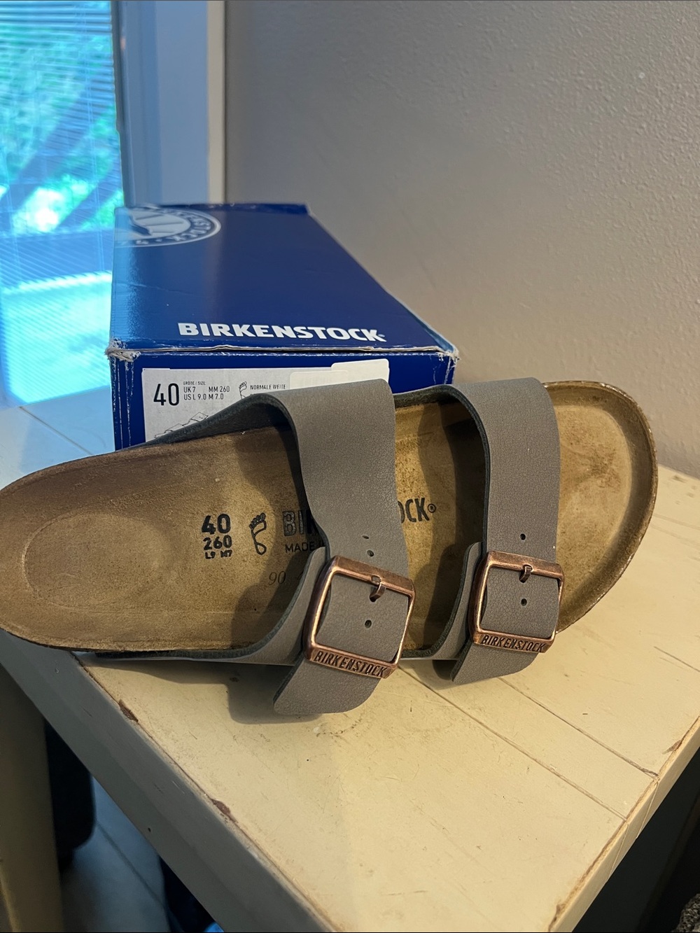Birkenstock Men's Two-Strap Sandals in Gray with Copper Buckles
